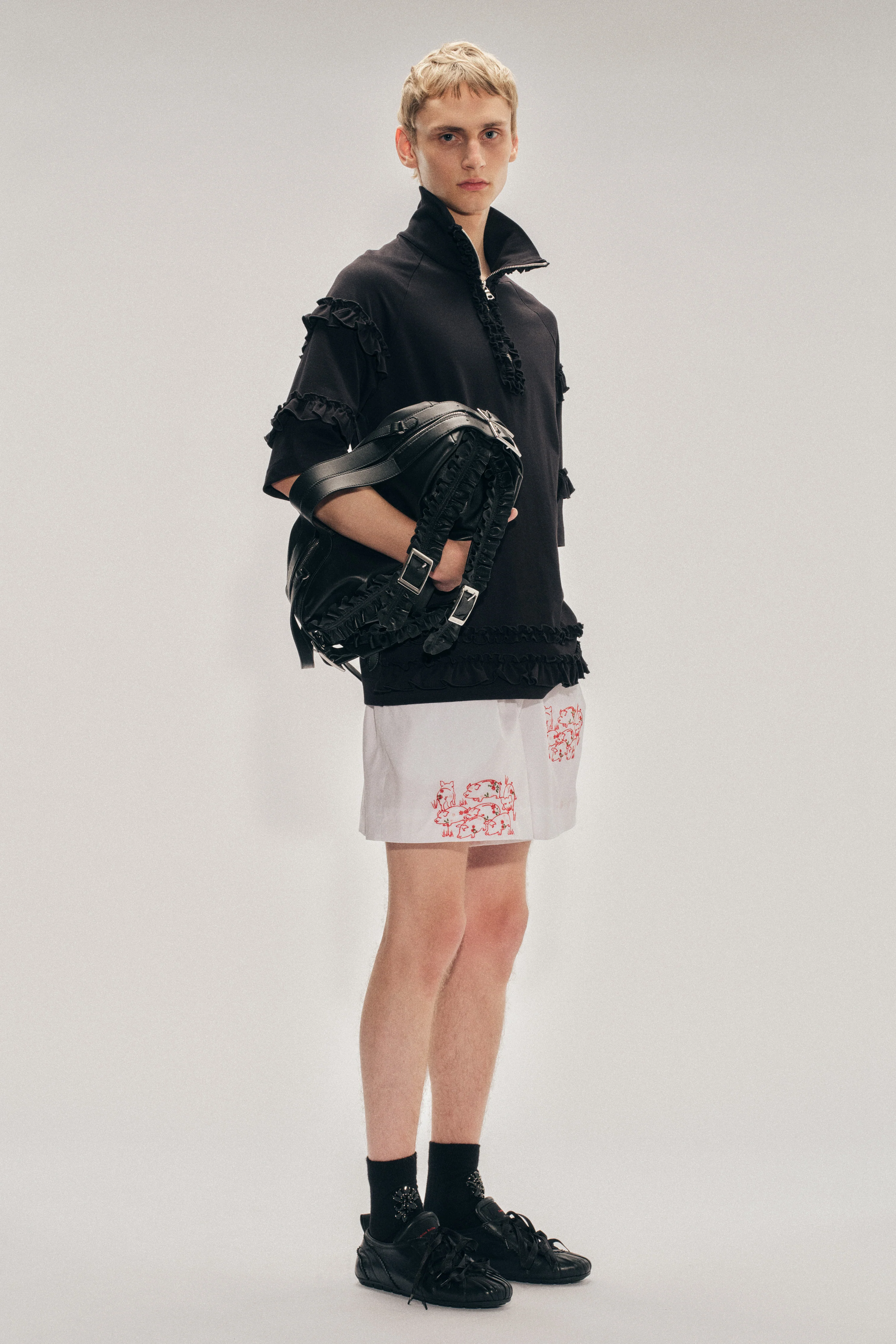 Mock Neck Ruffle Frill Zip T-Shirt - Image 3